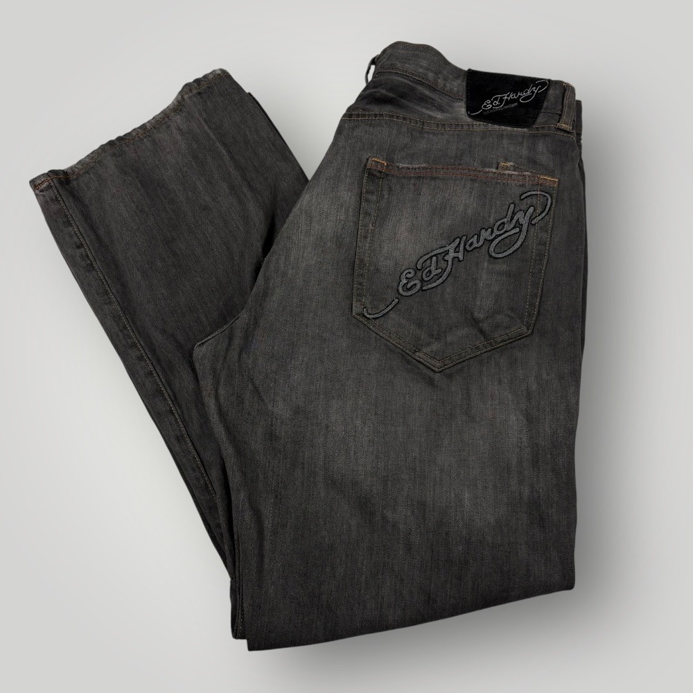 Ed Hardy Christian Audigier Mens 42x34 Distressed Faded‎ Black Denim Jeans Y2K